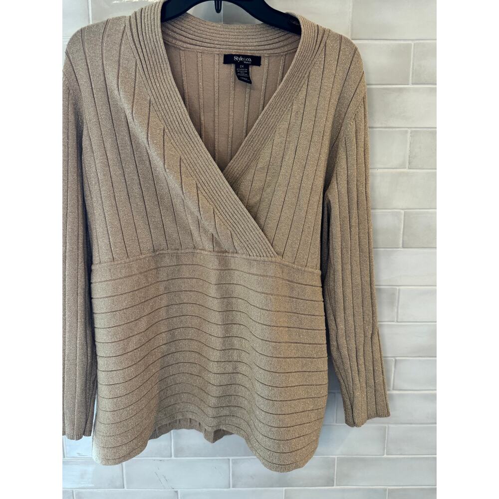 Style & Co Gold Metallic Ribbed Knit V-Neck Top 2X Sweater Long Sleeve